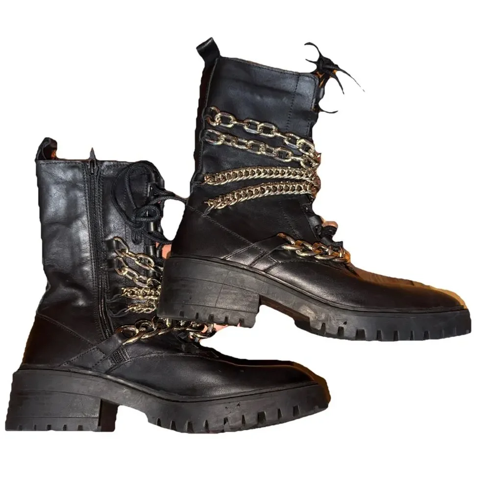 Zara Black Leather Chain Combat Boots 9.5